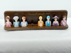 Vintage Avon Lady Head Bust Thimble Collection Wood Display Rack Set 1980s 8 Pc